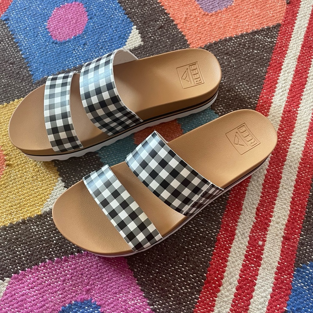 Reef Cushion Vista Hi black + white gingham double strap slide on sandals